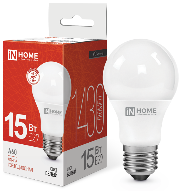 IN HOME Лампа светодиодная LED-A60-VC 15Вт 230В E27 4000К 1350лм IN HOME 4690612020273 10 штук