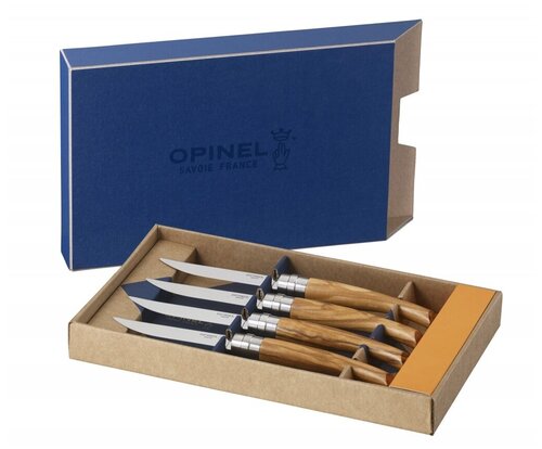 Набор столовых ножей Opinel VRI Olive Wood из 4-х штук (нержавеющая сталь зеркальной полировки, длина клинка 10 см, рукоять олива)