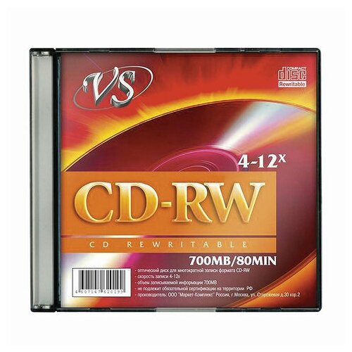 Диск CD-RW, VS, 700 Mb, 4-12 x Slim Case, 1 штука, VSCDRWSL01