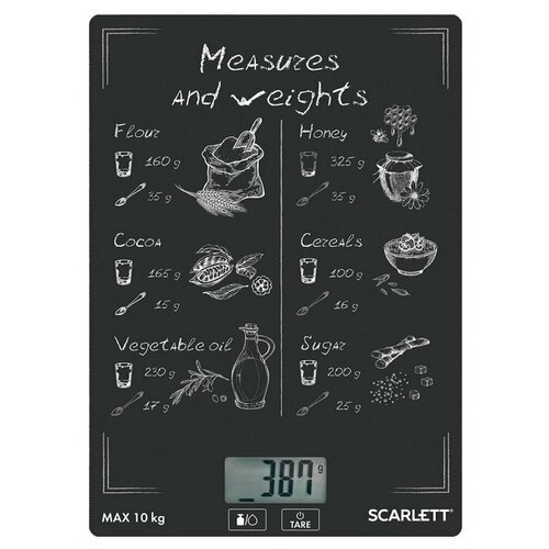 фото Весы кухоные scarlett sc-ks57p94, электронный дисплей, max вес 10 кг, тарокомпенсация, стекло, 455049