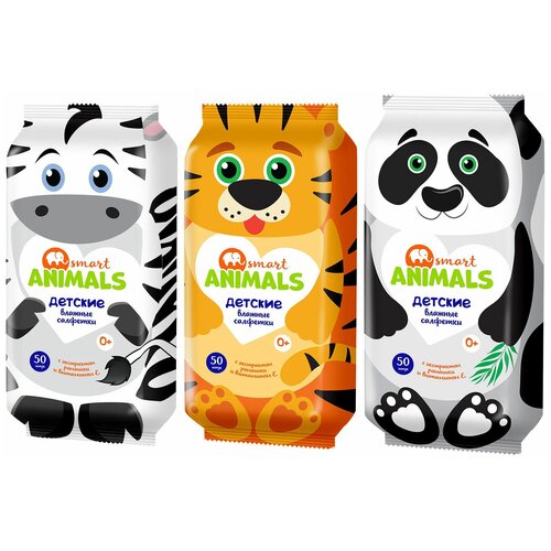 Smart Animals Влажные салфетки детские с ромашкой и витамином Е комплект 3 упаковки по 50 шт 537₽