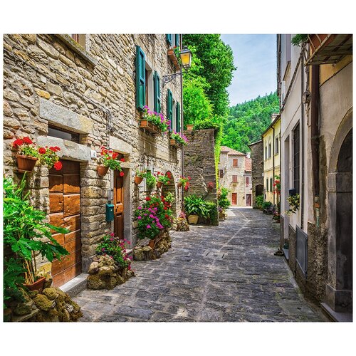 Фотообои Уютная стена Украшенная цветами итальянская улочка Тосканы 330х270 см Бесшовные Премиум (единым полотном)