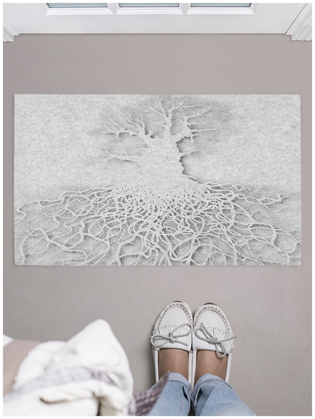 Придверный коврик в прихожую JoyArty "Белое дерево" для обуви, на резиновой основе, 75x45 см