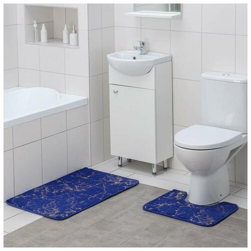 фото Доляна набор ковриков для ванны и туалета доляна «мрамор», 2 шт: 40×50, 50×80 см, цвет синий