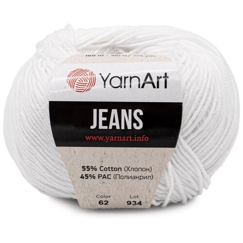 фото Пряжа yarnart jeans, 55 % хлопок, 45 % акрил, 50 г, 160 м, 5 шт., 62 белоснежно-белый