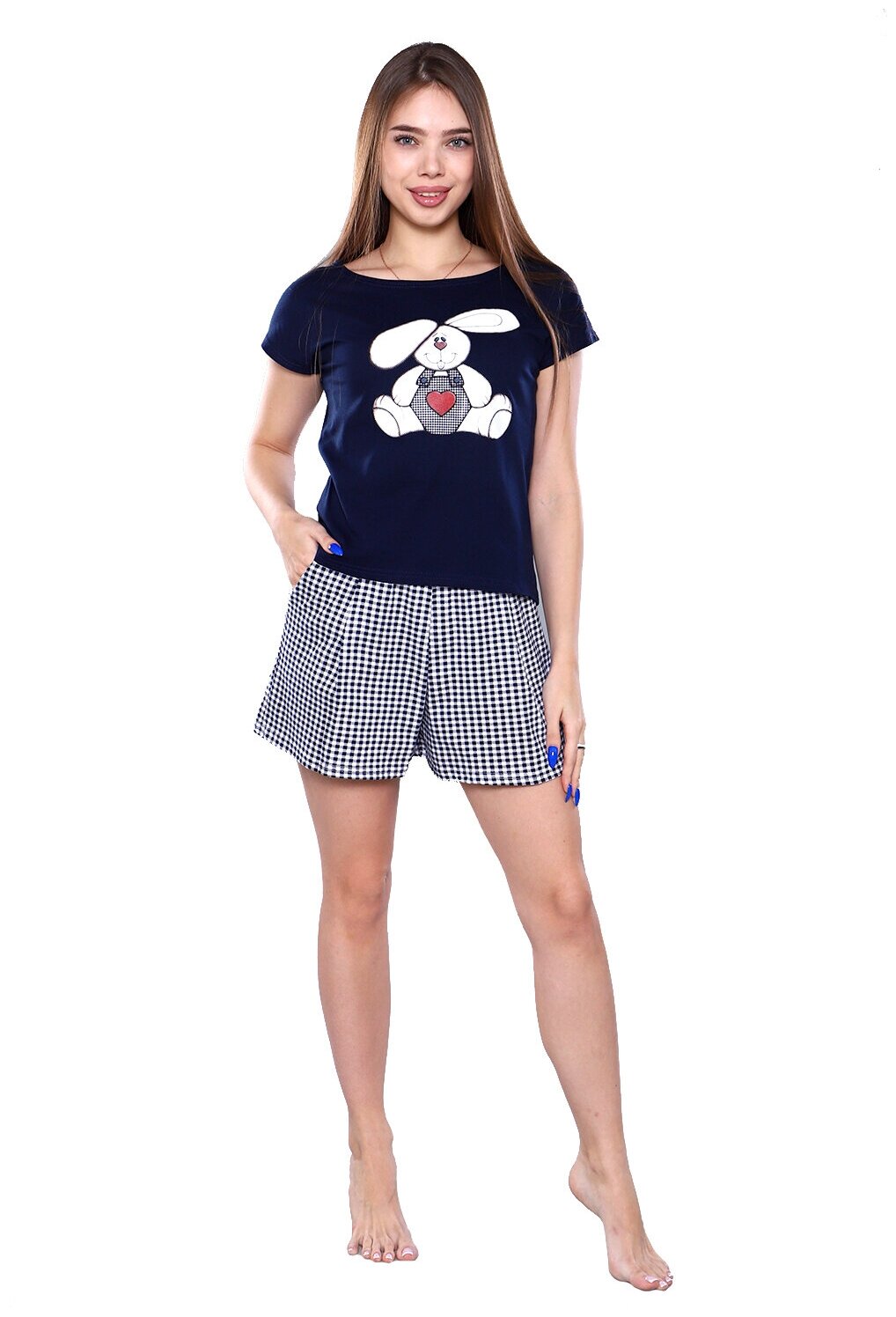 Женский домашний костюм/ пижама (футболка+ шорты) в клетку темно-синего цвета, размер 54 - фотография № 1
