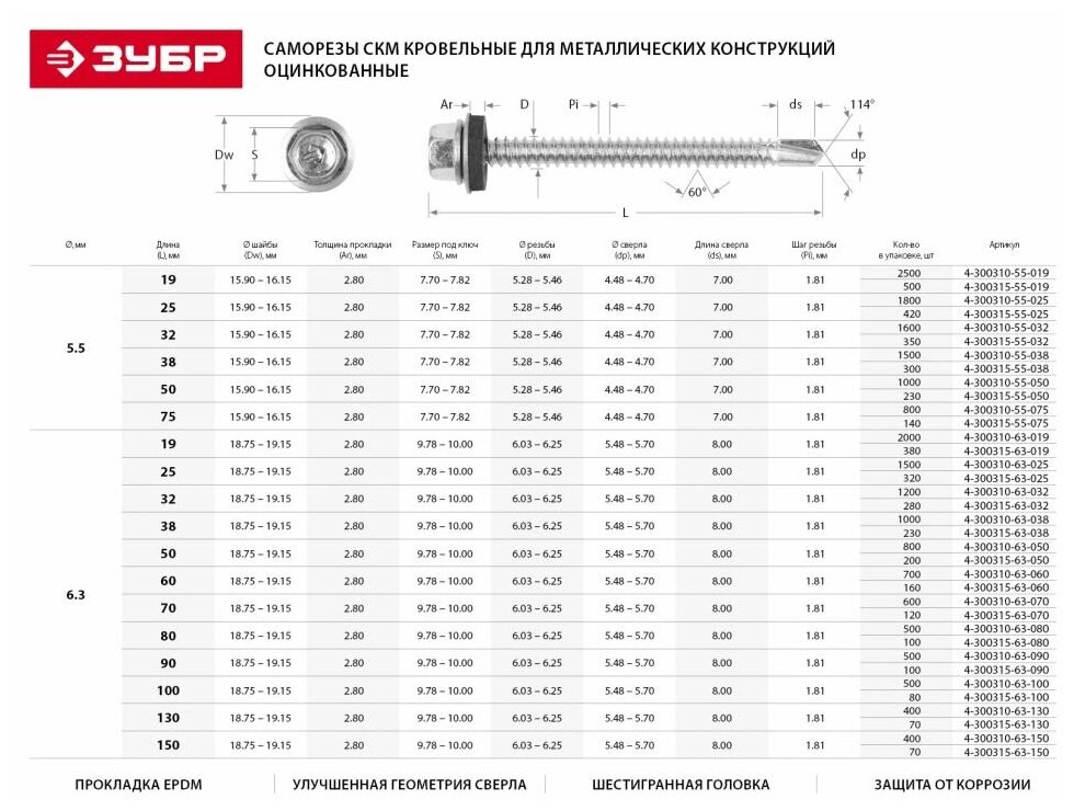 ЗУБР СКМ 9003 19 х 5.5 мм, белый, кровельный саморез, 2500 шт (4-300310-55-019-9003)