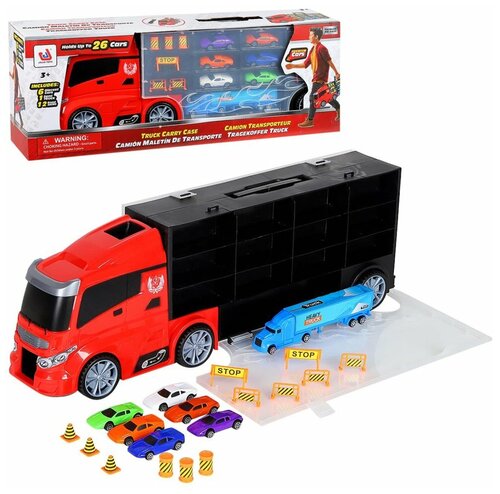 Игровой набор машин «Автовоз -чемодан», 7 металлических машинок, дорожные знаки, игрушки для детей, подарок для детей, для мальчиков, красный
