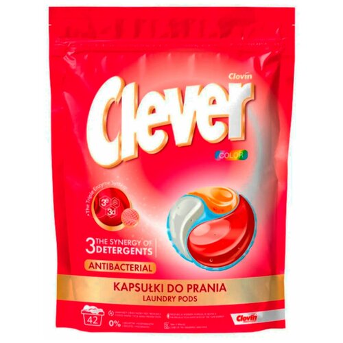 Капсулы для стирки CLEVER Clovin COLOR, антибактериальное, для цветных тканей, 42 стирки