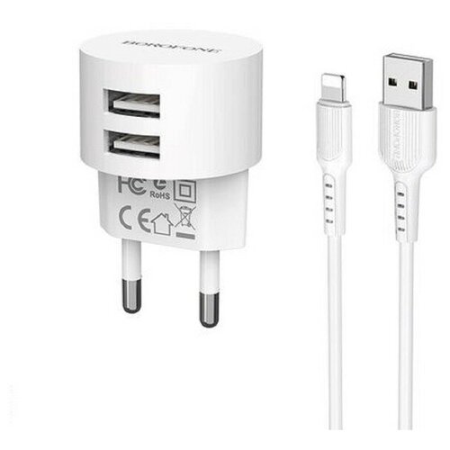 Сетевое зарядное устройство Borofone BA23A, 2хUSB, 2.4 А, кабель Lightning, 1 м, белое беспроводное зарядное устройство bq6 borofone белое