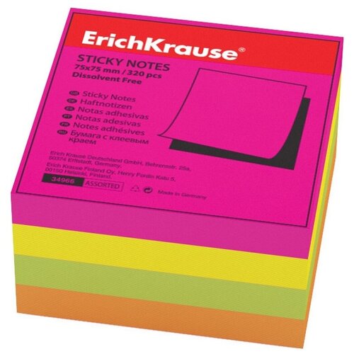 Бумага для заметок с клеевым краем ErichKrause Neon, 75 х 75 мм, 320 листов, 4 цвета, микс