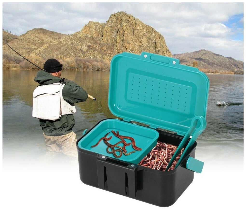 Коробка для наживки рыболовная 13 см х 9 см двухсекционная с лотком, пинцетом и крепежом на пояс