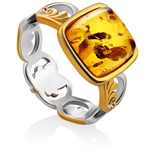 фото Amberholl красивое эффектное кольцо «валетта» из серебра с позолотой и натурального янтаря