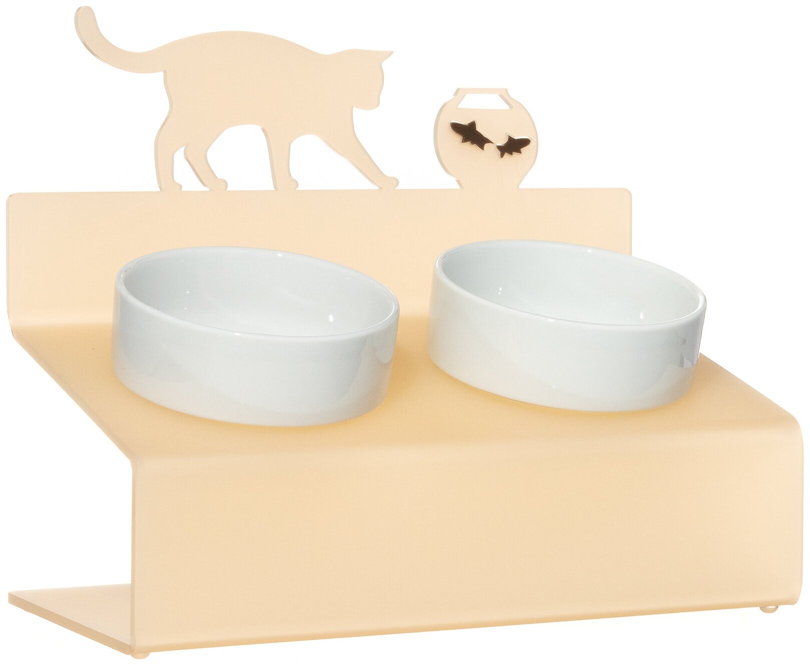 Миска для кошек на подставке с наклоном Artmiska "Кот и рыбы" XS двойная 2x360 мл, бежевая