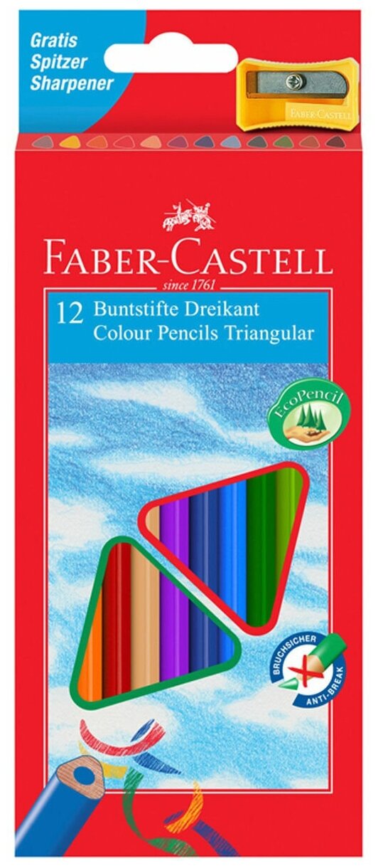 Комплект 3 шт, Карандаши цветные Faber-Castell "Ecopen" 12цв., трехгран., заточен., картон, европодвес, с точилкой