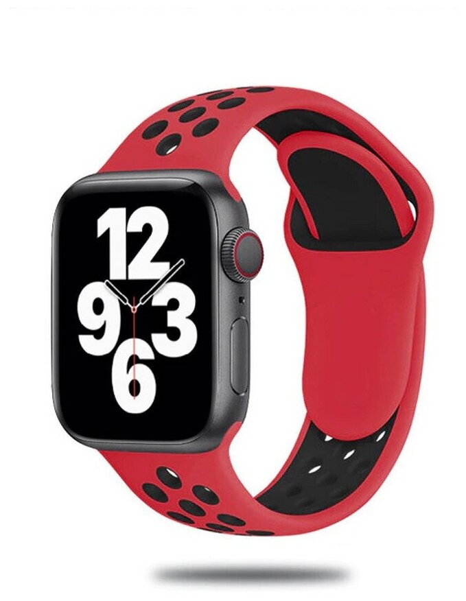 Cиликоновый ремешок спортивный для Apple Watch Series 1-8 - 38/40/41 мм (эпл вотч), красный-черный