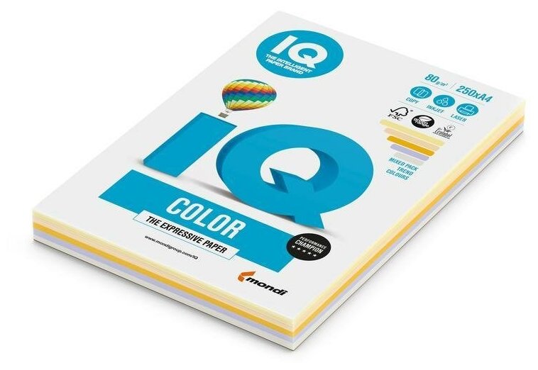 Бумага цветная А4 IQ Color медиум 5 цветов по 50 листов 80 г/кв. м 250 листов (RB03)