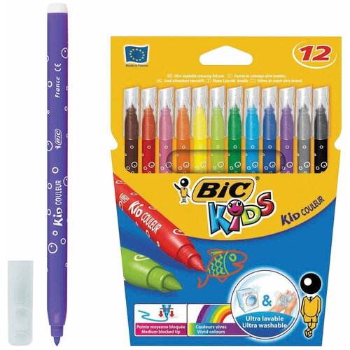 Фломастеры BIC Kid Couleur, 12 цветов, суперсмываемые, вентилируемый колпачок, европодвес, 9202932 фломастеры цветные bic kids kid couleur смываемые 12 цветов