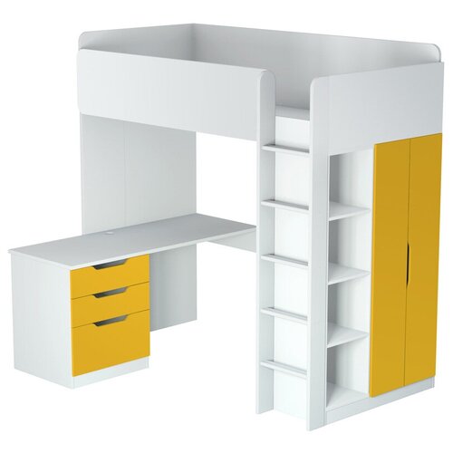 Кровать-чердак POLINI KIDS SIMPLE С письменным столом И шкафом, белый-солнечный