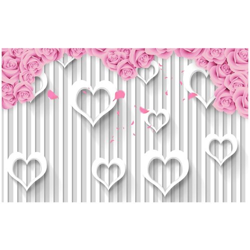 Фотообои Уютная стена 3D розовые розы и сердечки 430х270 см Бесшовные Премиум (единым полотном)