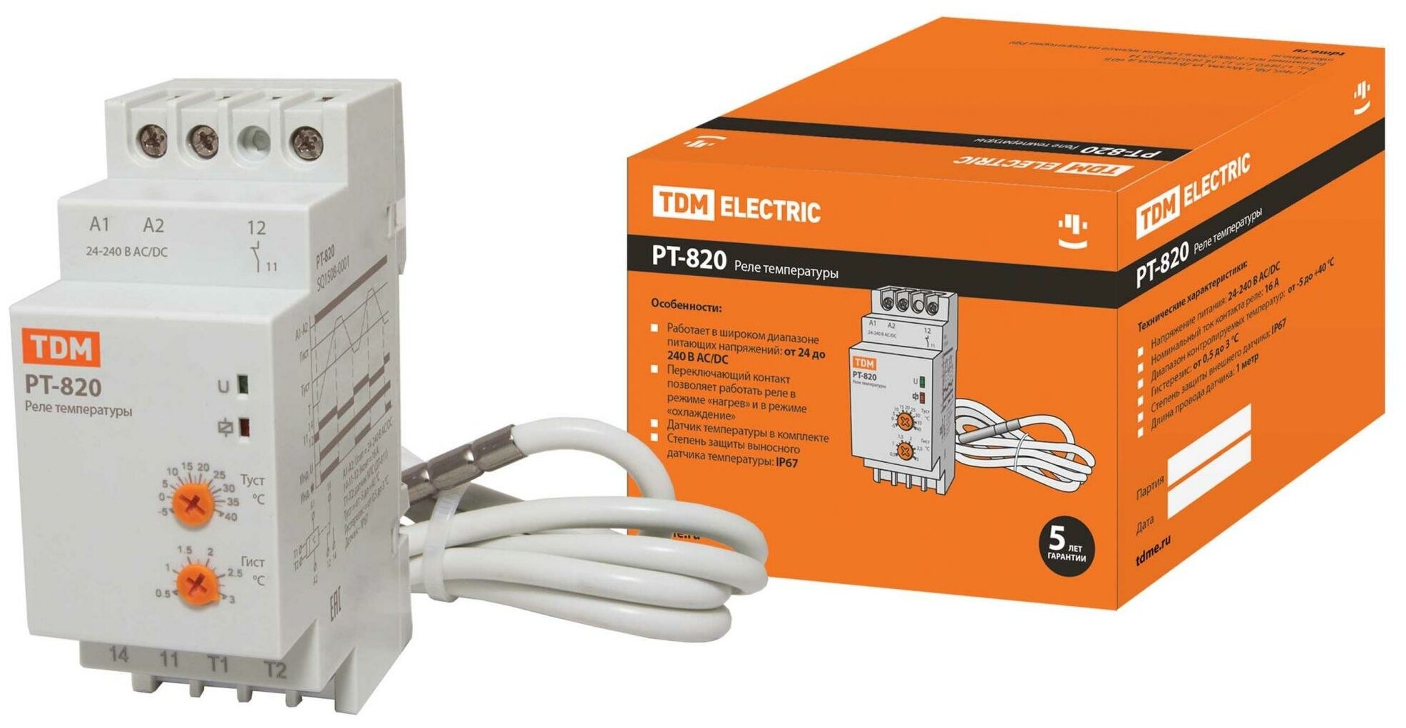 Реле температуры РТ-820 (-5+40С, 24-240В АС/DC, с датч. IP67) TDM 1508-0001