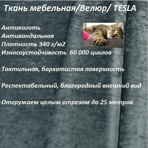 Ткань мебельная 100KOVROV антикоготь Велюр TESLA_17 серо-синий