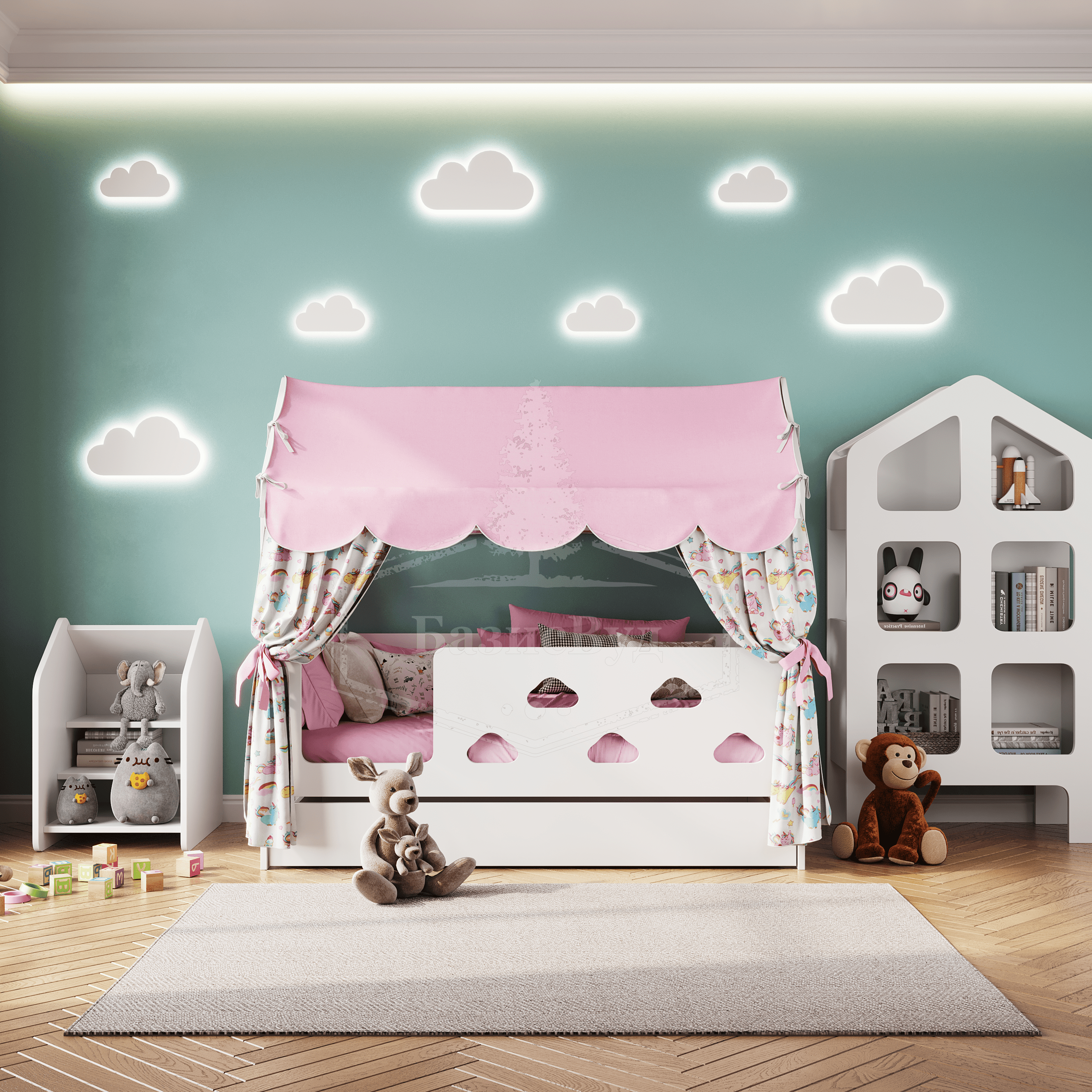 Детская кровать домик с текстилем и ящиком (розовый, с единорогами, вход слева) "Облачка"