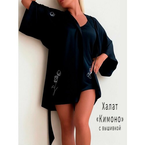 ночная рубашка женская весенне летняя тонкий шелковый атласный халат в национальном стиле роскошный банный халат Комплект , размер 50, черный