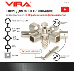 VIRA Ключ для электрошкафов с 10 рабочими профилями и битой 514010