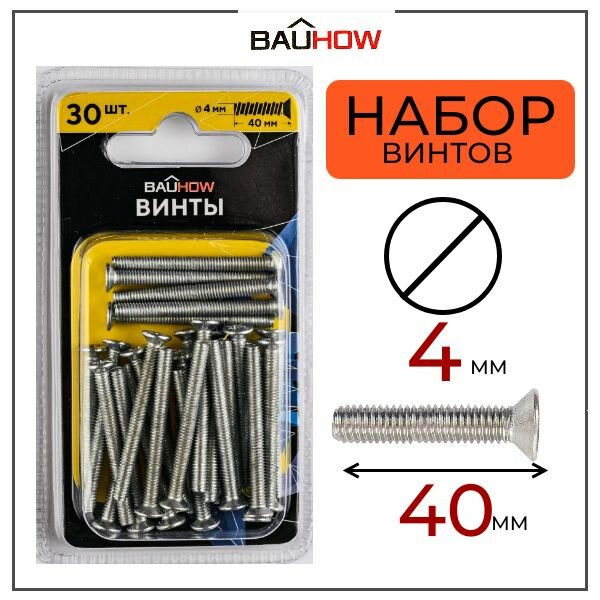 Винт DIN 965 4х40 сталь 48 BAUHOW оцинкованный 30шт в блистере (100блист/кор)