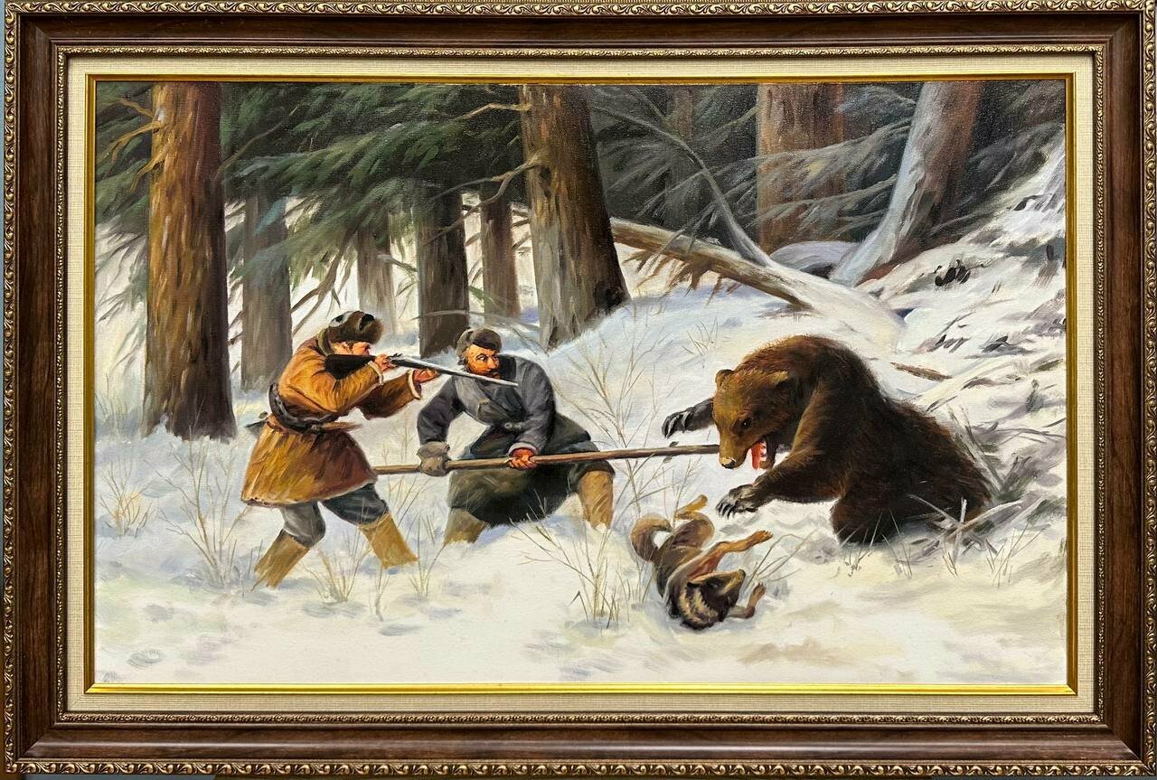 Картина маслом, анималистика "Охота на медведя"
