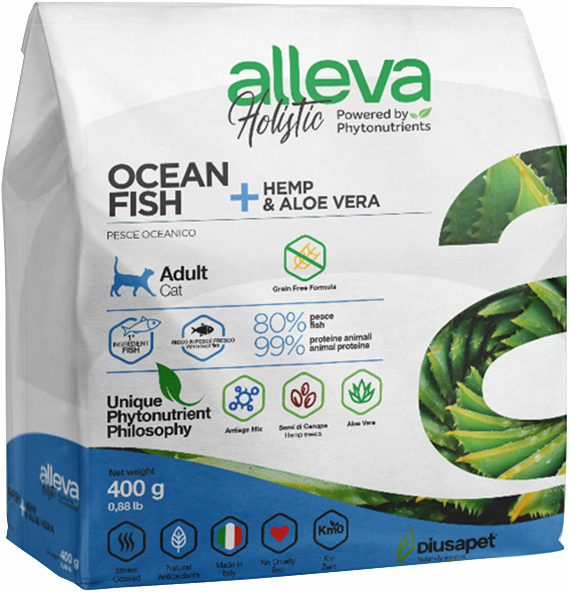 ALLEVA HOLISTIC ADULT CAT OCEAN FISH беззерновой для взрослых кошек с океанической рыбой, коноплей и алоэ вера (0,4 кг)