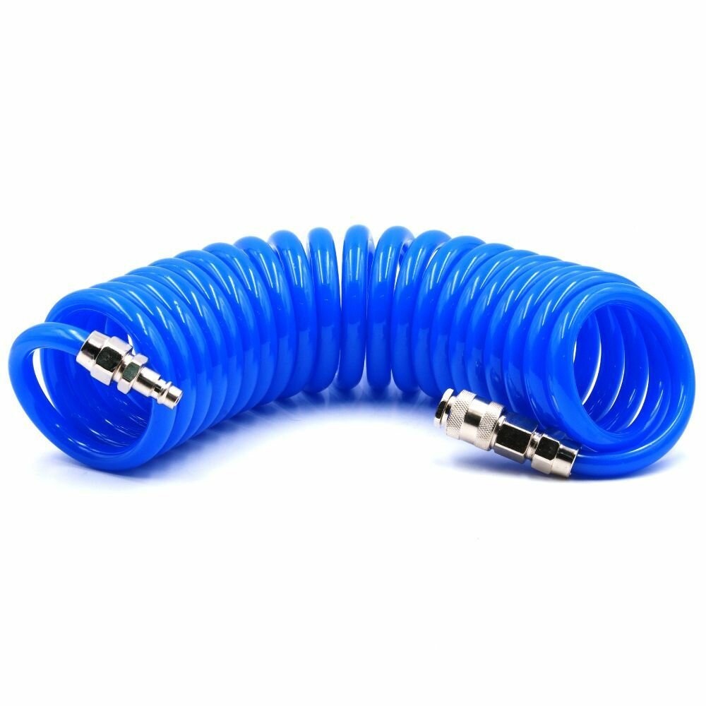 Шланг HQ-AH05-1510BLUE пневматический полиуретановый спиральный, витой, 15м, 6.5х10 мм, быстросъем рапид для компрессора и пневмоинструмента, 16 атм.