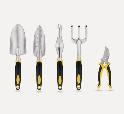 Изображение товара Набор садовых инструментов ; совок широкий, совок узкий, рыхлитель, секатор, корнеудалитель