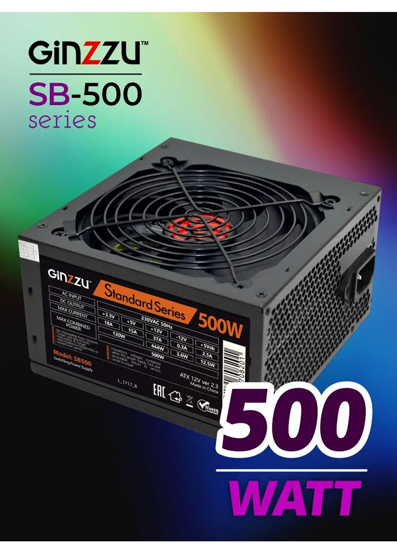 Блок питания Ginzzu SB500 ATX, 12cm fan, 20+4pin +4Pin, 3*SATA, 3*IDE Черный