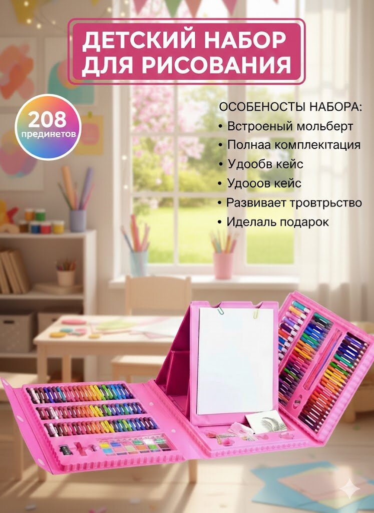 Детский набор для рисования 208 предметов, розовый чемоданчик с мольбертом — фото 1