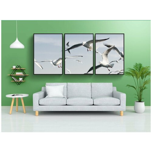 фото Набор модулных постеров для интерьера "чайки, птицы, синий" 60x90 см. в тубусе, без рамки lotsprints