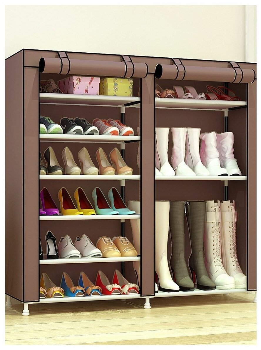 Складной каркасный тканевый шкаф для хранения обуви, одежды и вещей / Модульный шкаф с чехлом коричневый