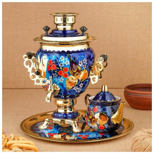 Набор Птица на синем жёлудь 3 предмета самовар 3 л заварочный чайник 07 л поднос 43700₽