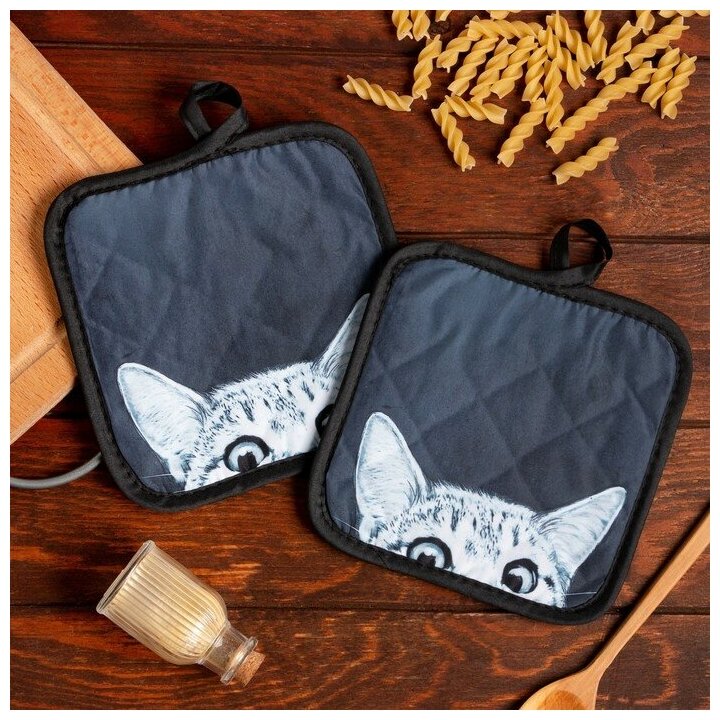 фото Кухонный набор (2 предмета) Этель LoveLife «Кошечка», прихватка 17х17 см - 2 шт, 100% п/э