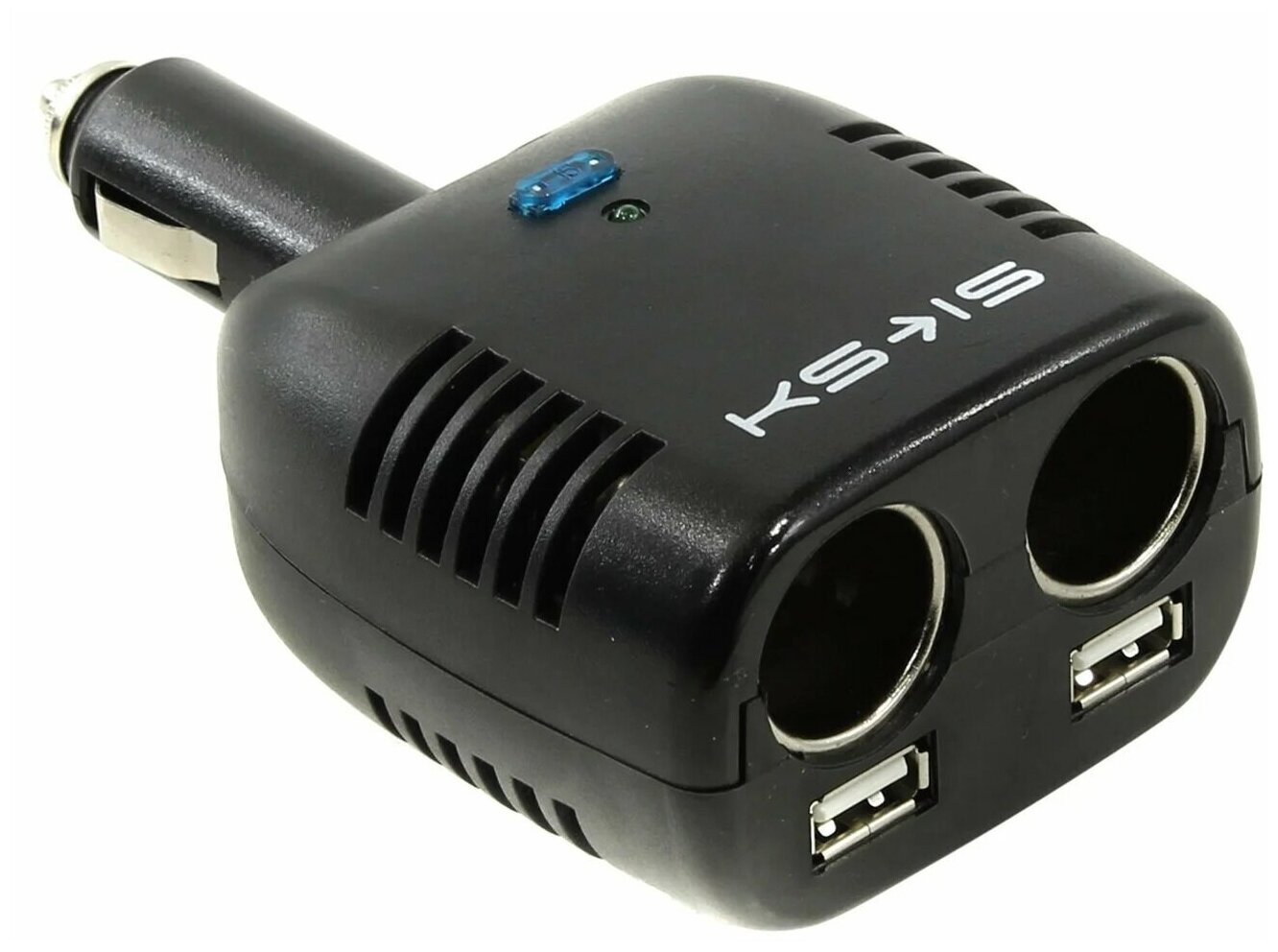 Разветвитель автомобильный на два гнезда прикуривателя + 2 x USB 150 Вт KS- is
