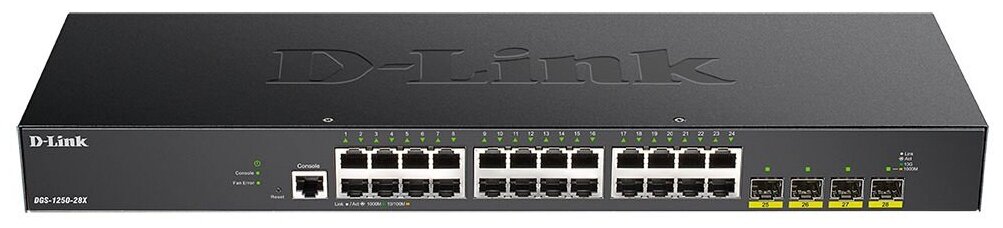Коммутатор D-Link DGS-1250-28X/A1A L2 Smart Switch with 24 10/100/1000Base-T ports and 4 10GBase-X SFP+ ports (448164)