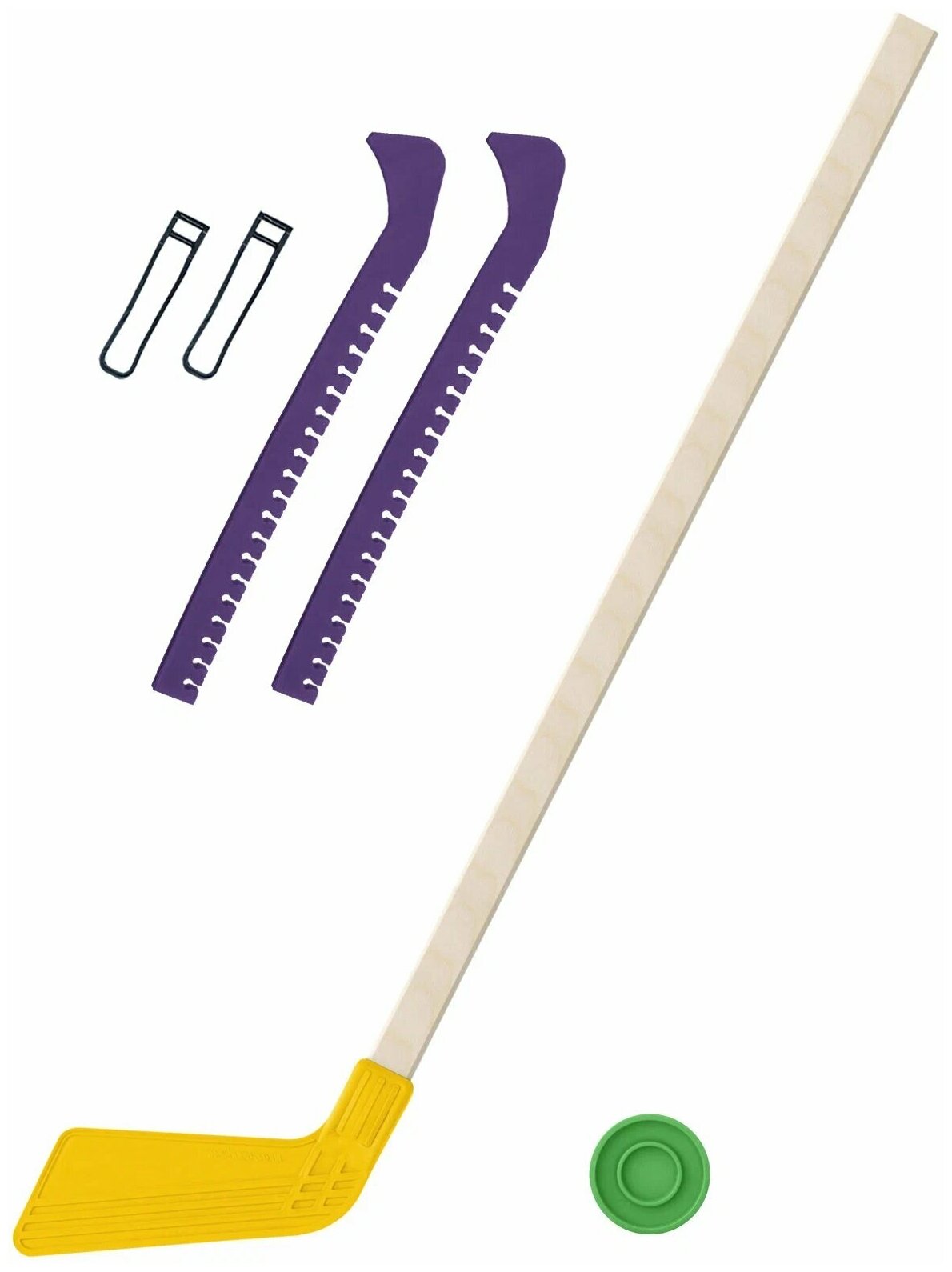 Детский хоккейный набор для игр на улице, свежем воздухе для зимы для лета Клюшка хоккейная детская жёлтая 80 см+шайба+Чехлы для коньков фиолетовые