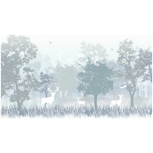 Фотообои Уютная стена Олени в голубом туманном лесу 490х270 см Бесшовные Премиум (единым полотном)