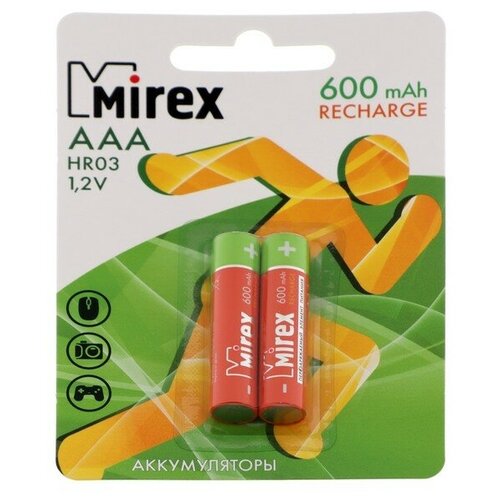 Mirex Аккумулятор Mirex, Ni-Mh, AAA, HR03-2BL, 1.2В, 600 мАч, блистер, 2 шт.
