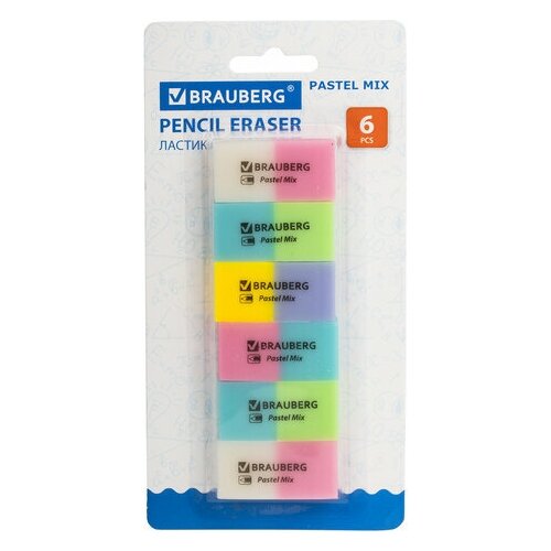 Набор ластиков BRAUBERG Pastel Mix 6 цвета ассорти 44х21х10 мм экологичный ПВХ, 4 шт набор ластиков fun dinosaur 4 шт