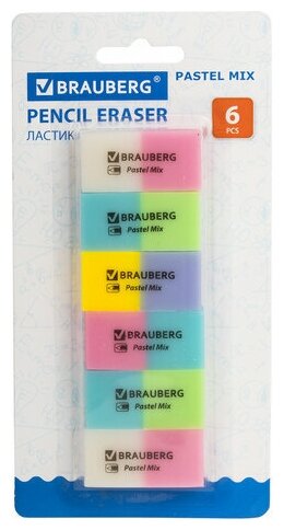Набор ластиков BRAUBERG "Pastel Mix" 6 цвета ассорти 44х21х10 мм экологичный ПВХ, 4 шт