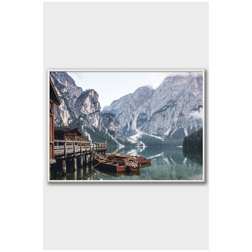 фото Постер на стену для интерьера postermarkt лодки на озере в горах, постер в белой рамке 40х50 см, постеры картины для интерьера в белой рамке