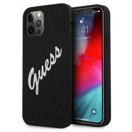 фото Чехол guess liquid silicone script logo для iphone 12 promax, черный/белый