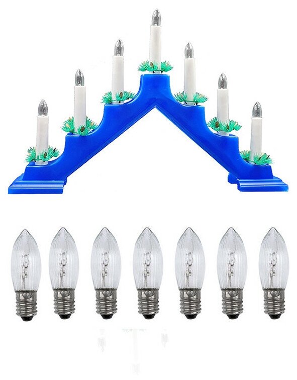 фото Светильник рождественская горка пластиковая с комплектом запасных лампочек 7 шт, синяя